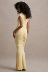 Lorenza | Pale Lemon High-Neck Ruched Maxi Dress With Draped Skirt