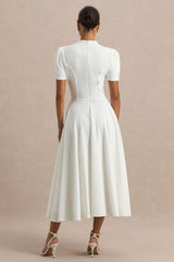 Vicky | White High Neck Midi Dress With Puff Sleeves