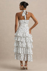 Violet | White Polka Dot Linen Midi Dress With Halter-Neck and Ruffled Skirt