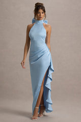 Maureen | Powder Blue Satin High-Neck Draped Maxi Dress
