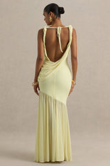 Meggie | Lemon Plunge-Neck Twisted Maxi Dress With Chiffon Skirt