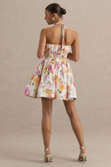 Kasey | Cream Floral Print Halter-Neck Mini Dress With Ruffle Detail