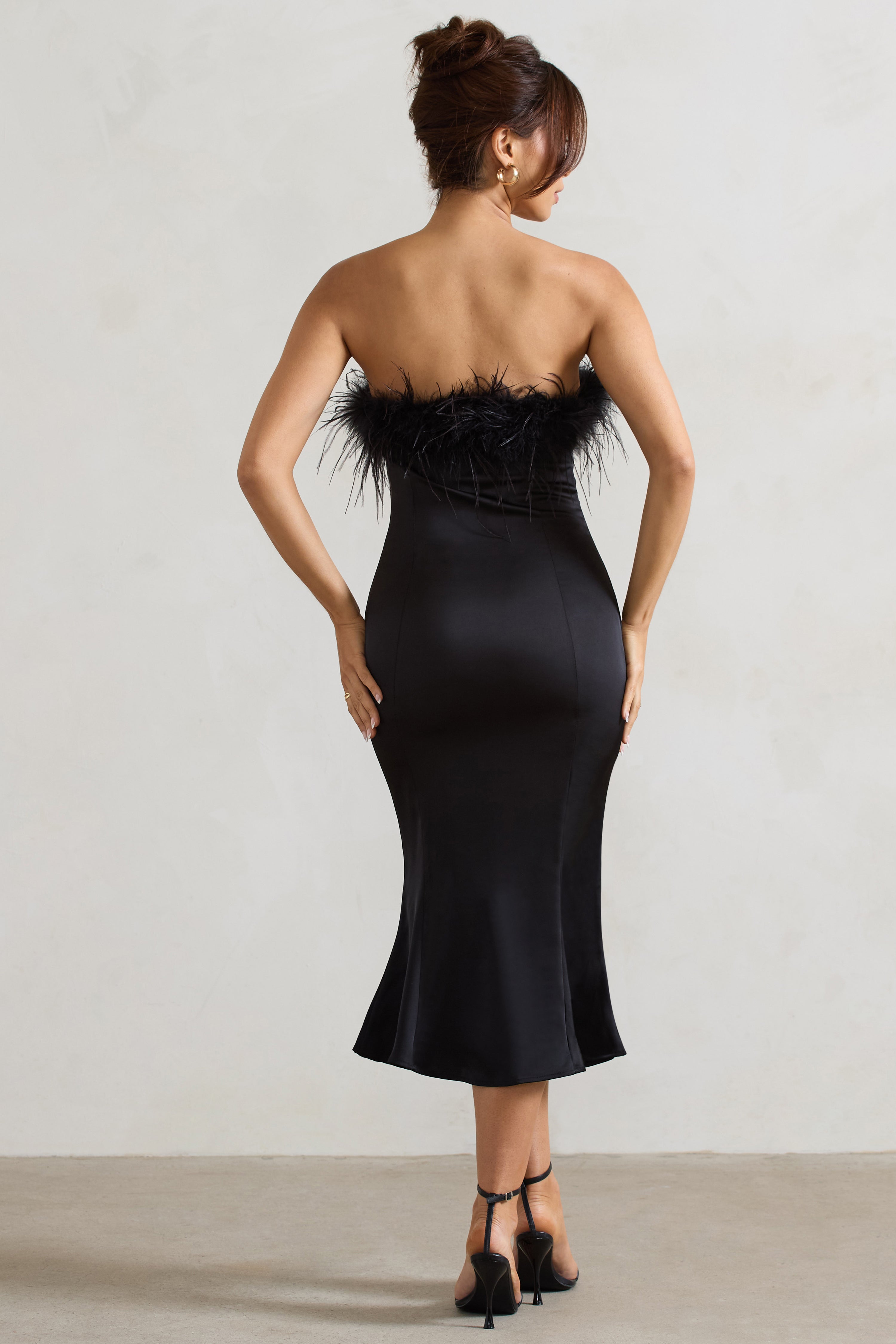 One And Only | Black Satin Feather Trim Bandeau Midi Dress