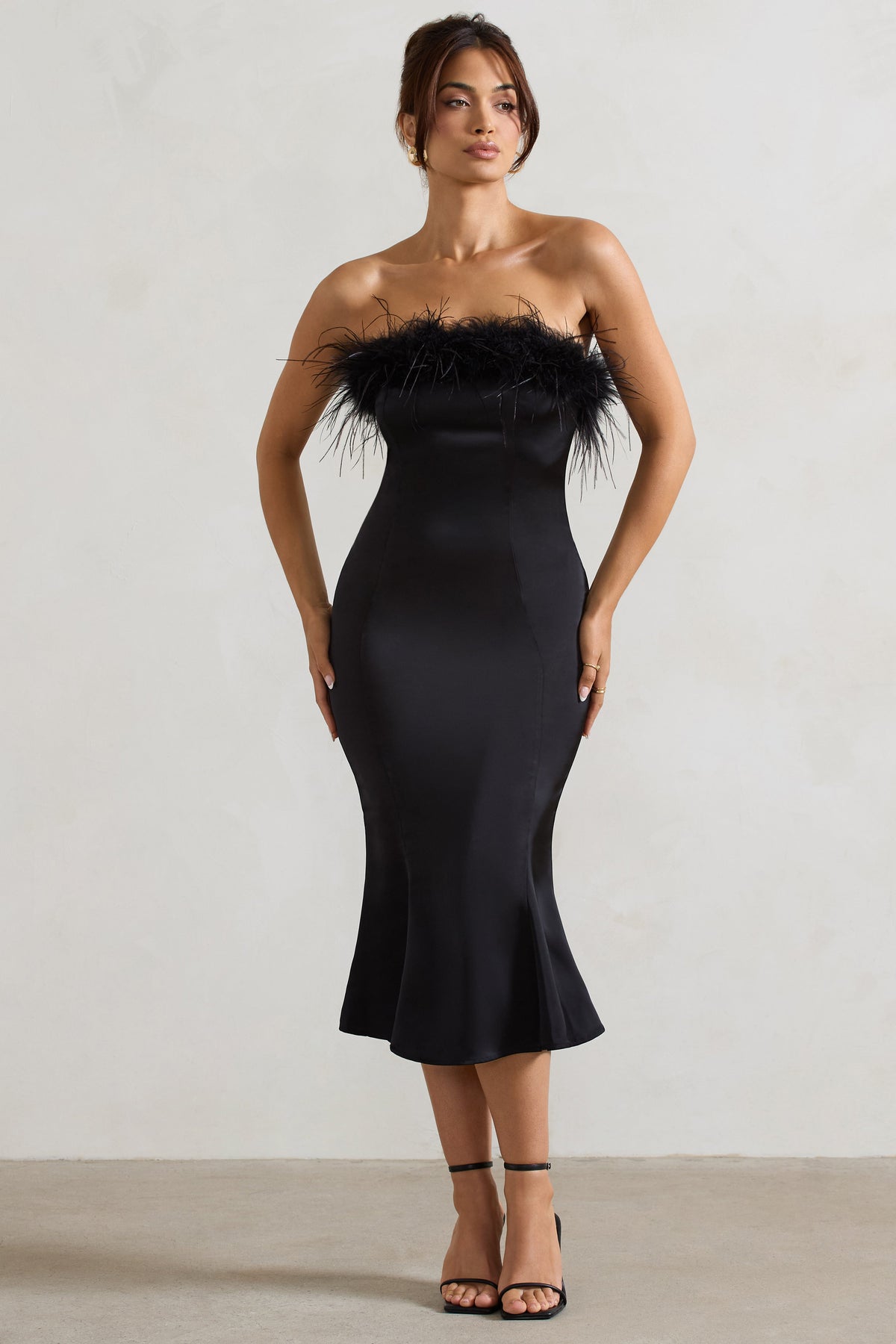 One And Only | Black Satin Feather Trim Bandeau Midi Dress