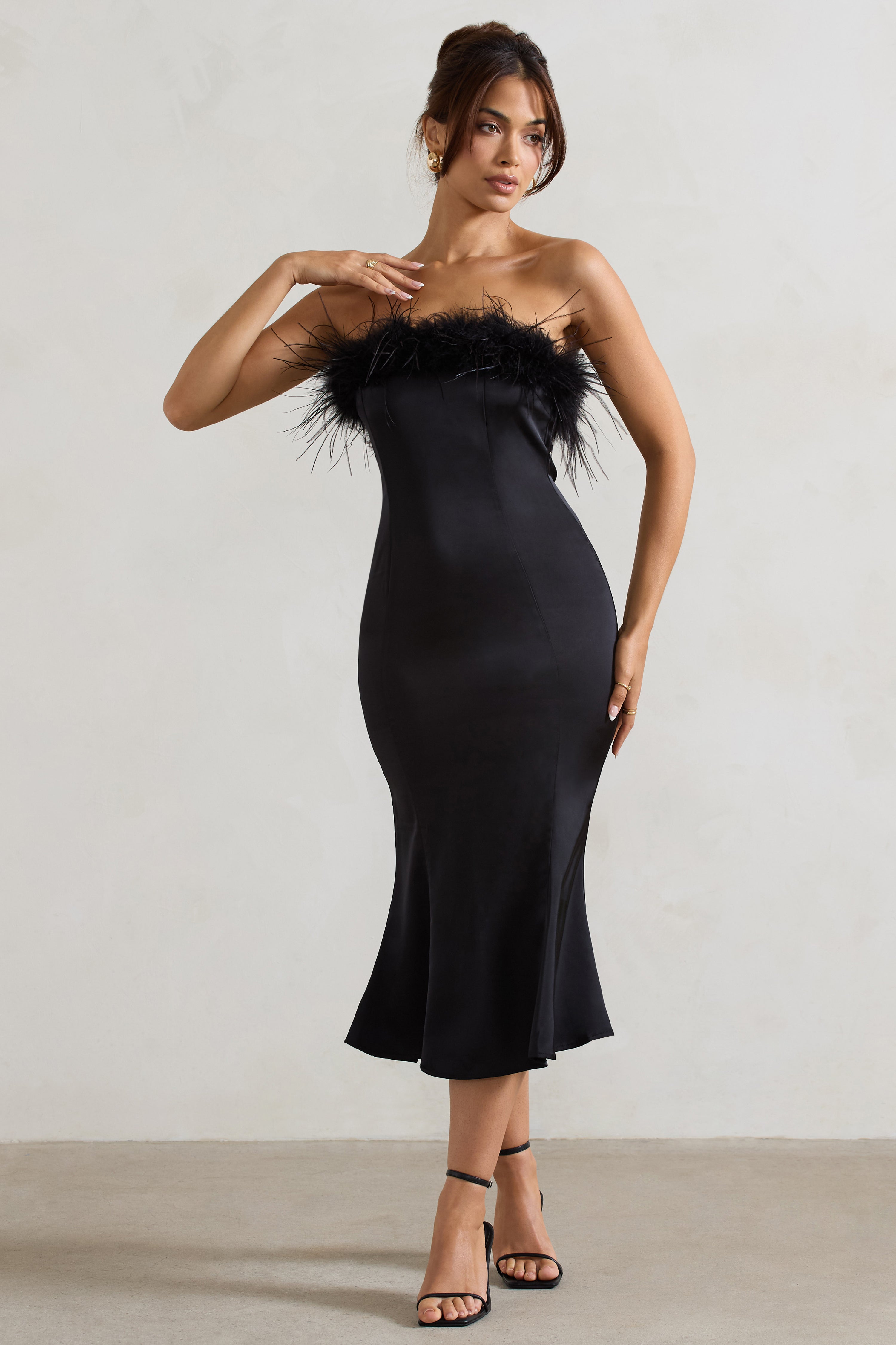 One And Only | Black Satin Feather Trim Bandeau Midi Dress