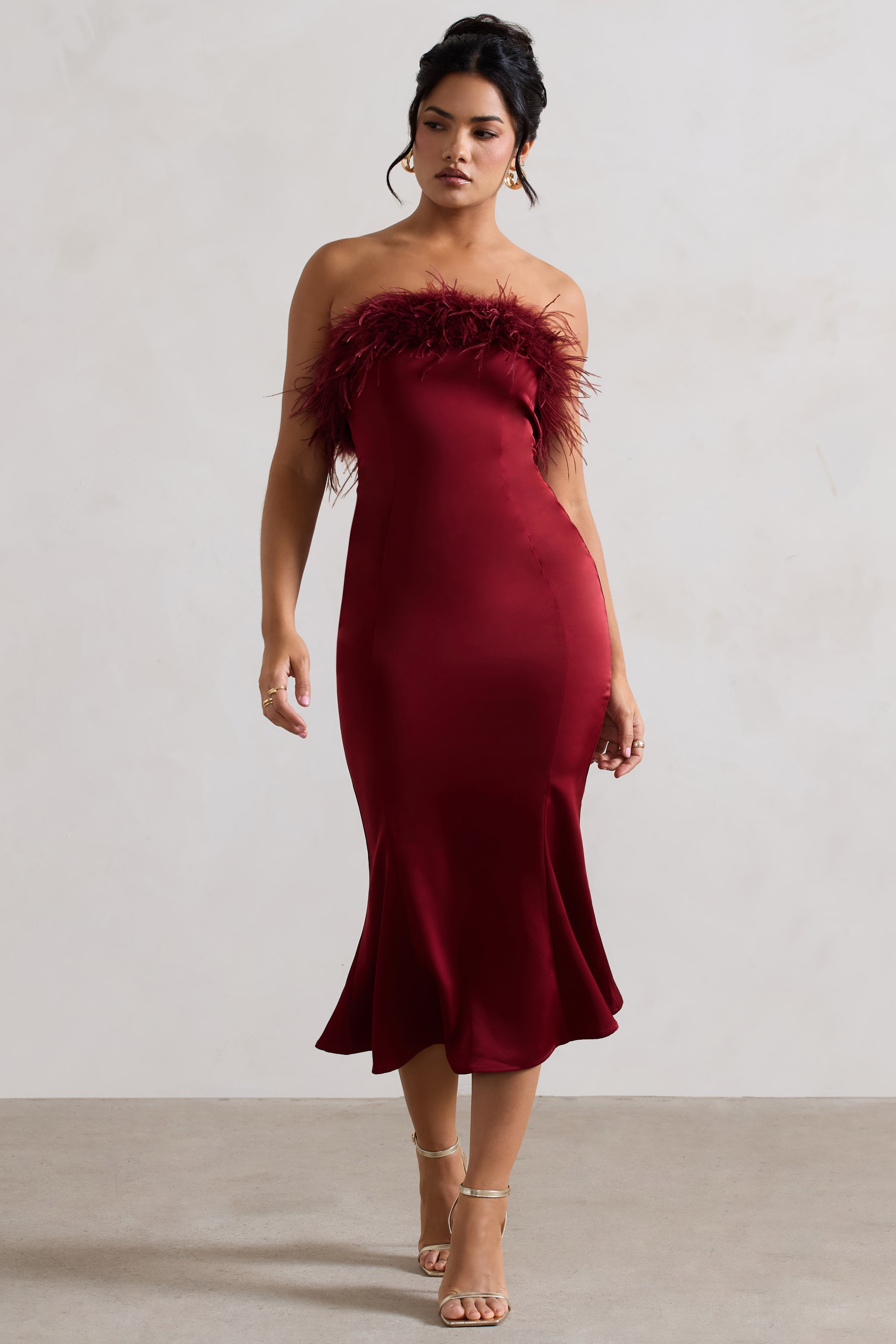 One And Only | Berry Satin Feather Trim Bandeau Midi Dress