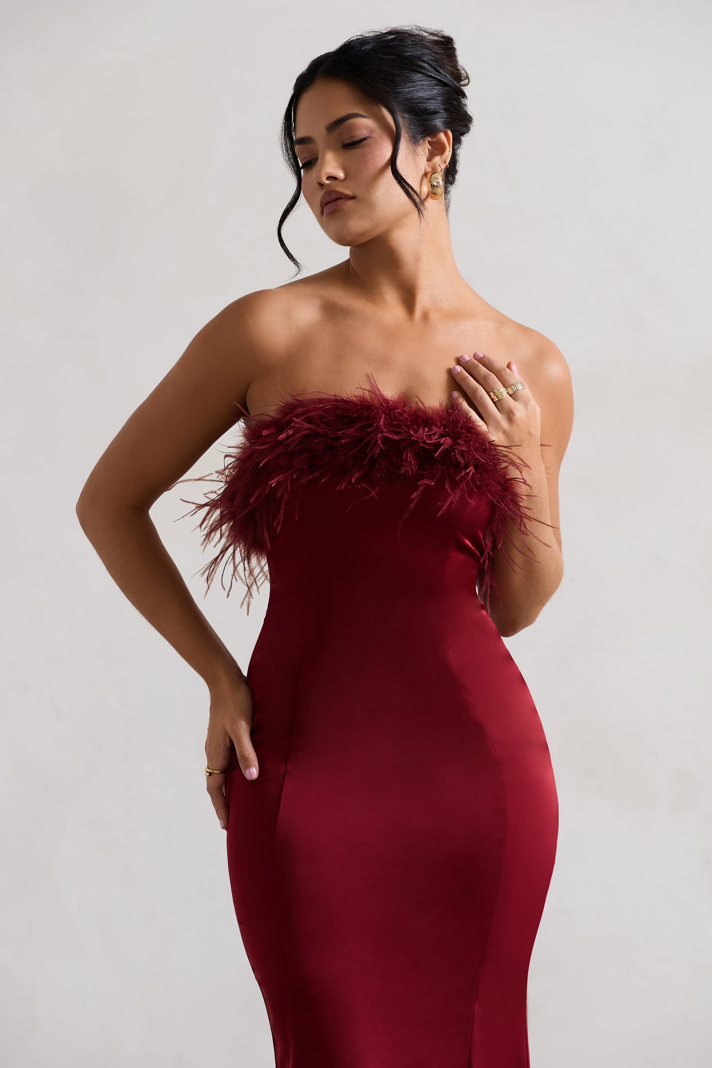 One And Only | Berry Satin Feather Trim Bandeau Midi Dress