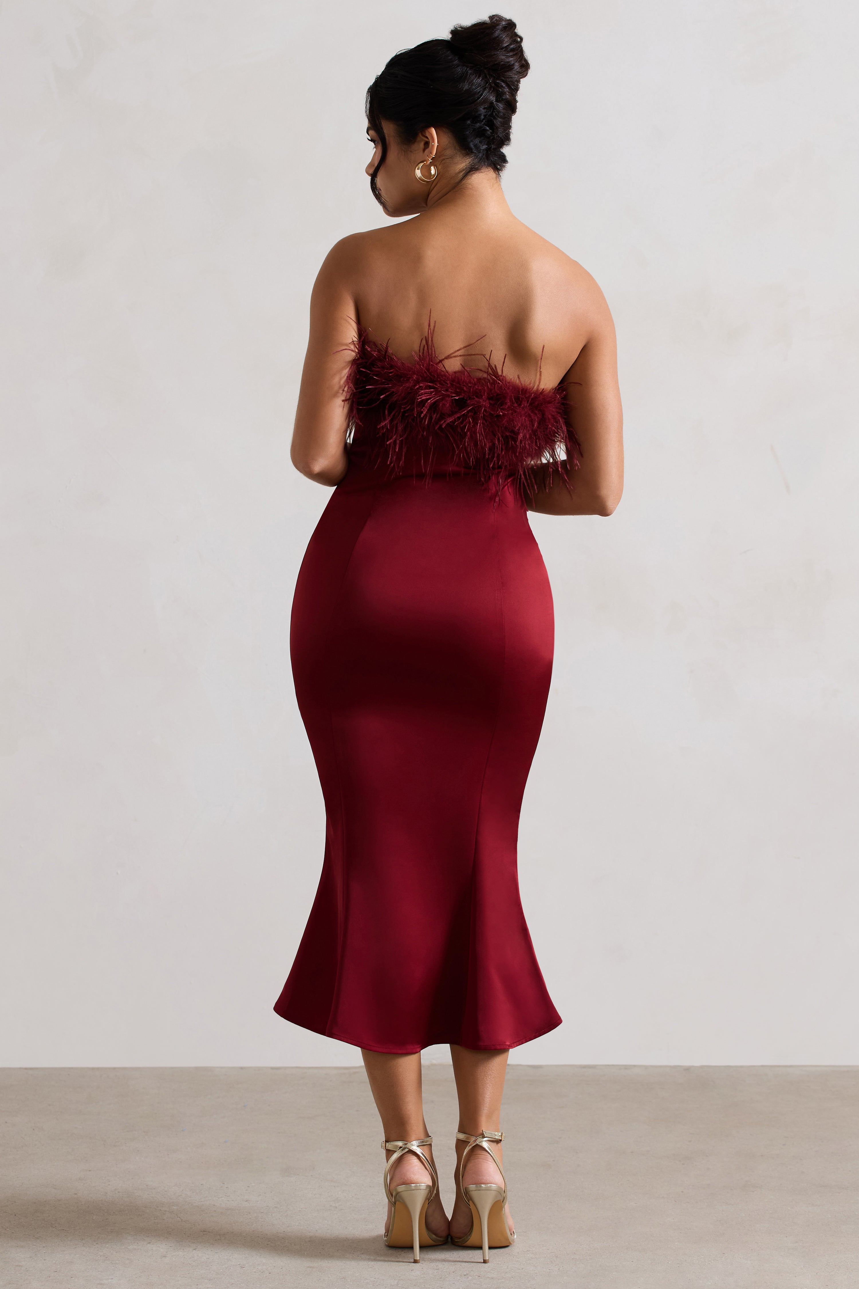 One And Only | Berry Satin Feather Trim Bandeau Midi Dress