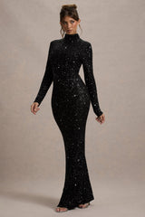 Galaxy | Black Sequin Turtle-Neck Long-Sleeve Maxi Dress