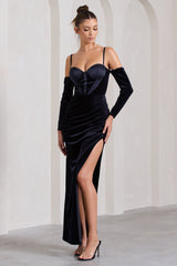 Meribel | Navy Velvet & Satin Long-Sleeved Corset Maxi Dress