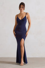 Love Shy | Navy Plunge Neck Maxi Dress With Split Detail