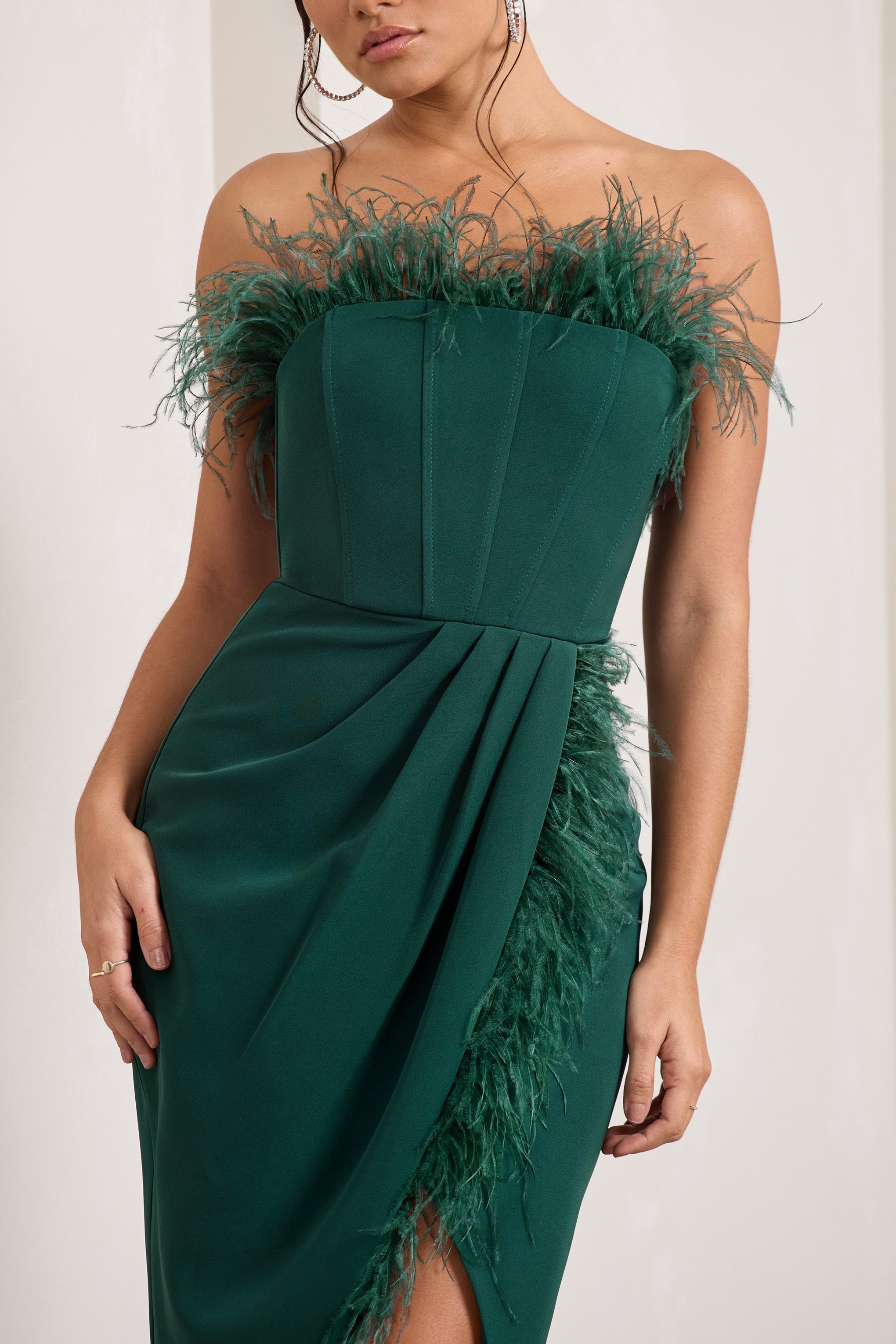 Cosmo | Bottle Green Bandeau Feather Corset Split Maxi Dress