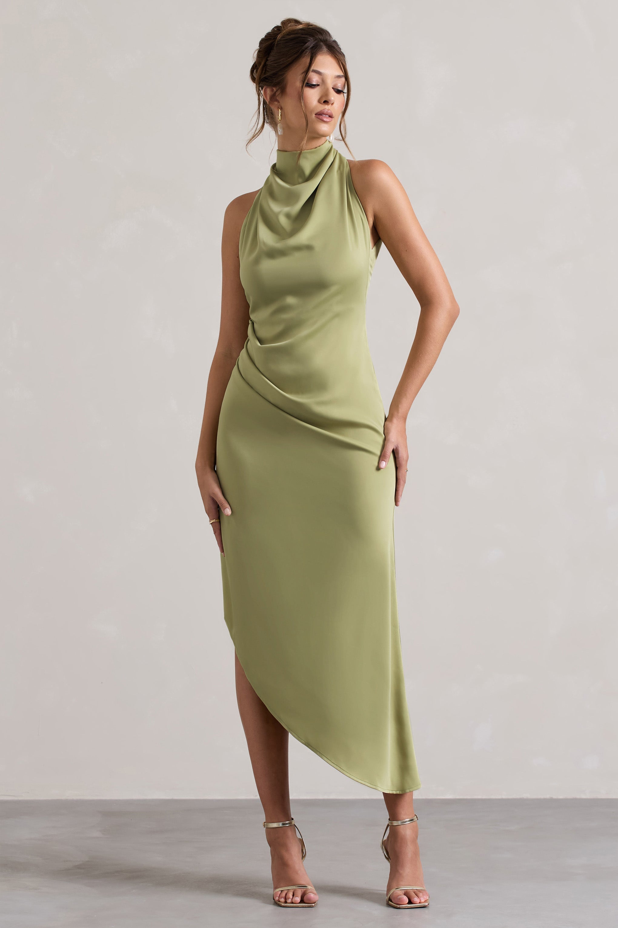 Sophina | Light Olive Satin Cowl-Neck Asymmetric Midi Dress