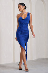 Radiate | Cobalt Blue Asymmetric Ruched Ruffled Mini Dress