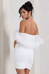 Confetti | White Sweetheart Mini Dress With Chiffon Feather Sleeves