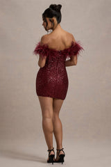 New Money | Burgundy Bodycon Sequin Mini Dress With Feather Trim