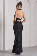On The Rise | Black Sequin High-Neck Strappy-Back Split Maxi Dress