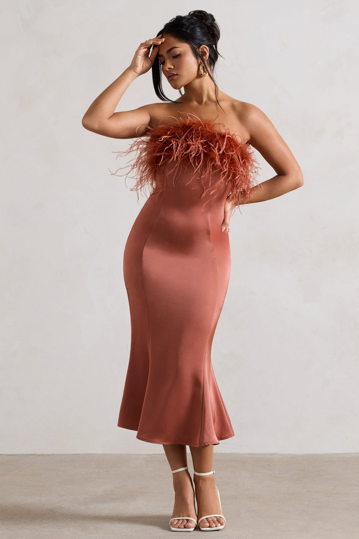 One And Only | Rust Satin Feather Trim Bandeau Midi Dress