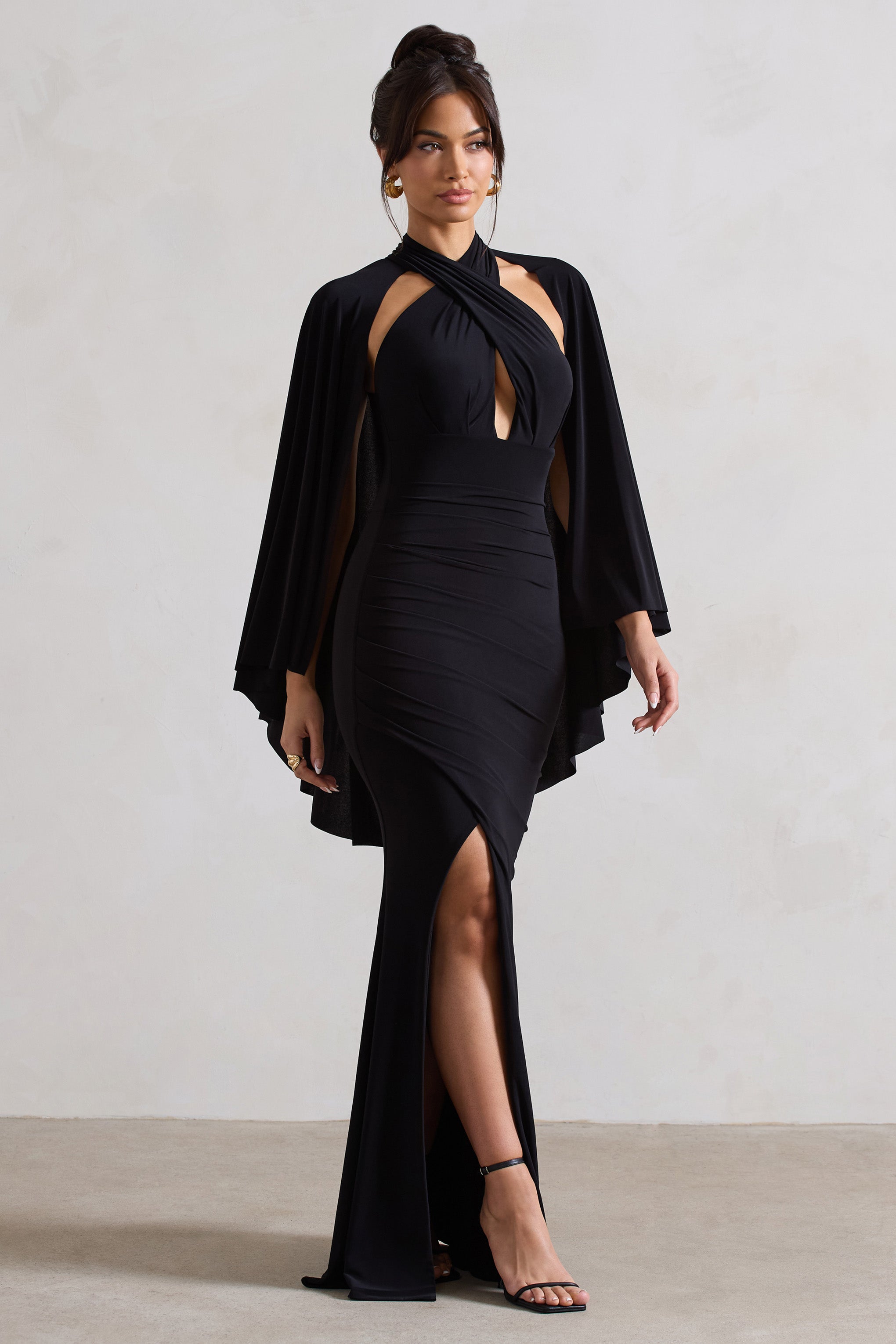 Audrina | Black Ruched Halter-Neck Split Maxi Dress With Cape