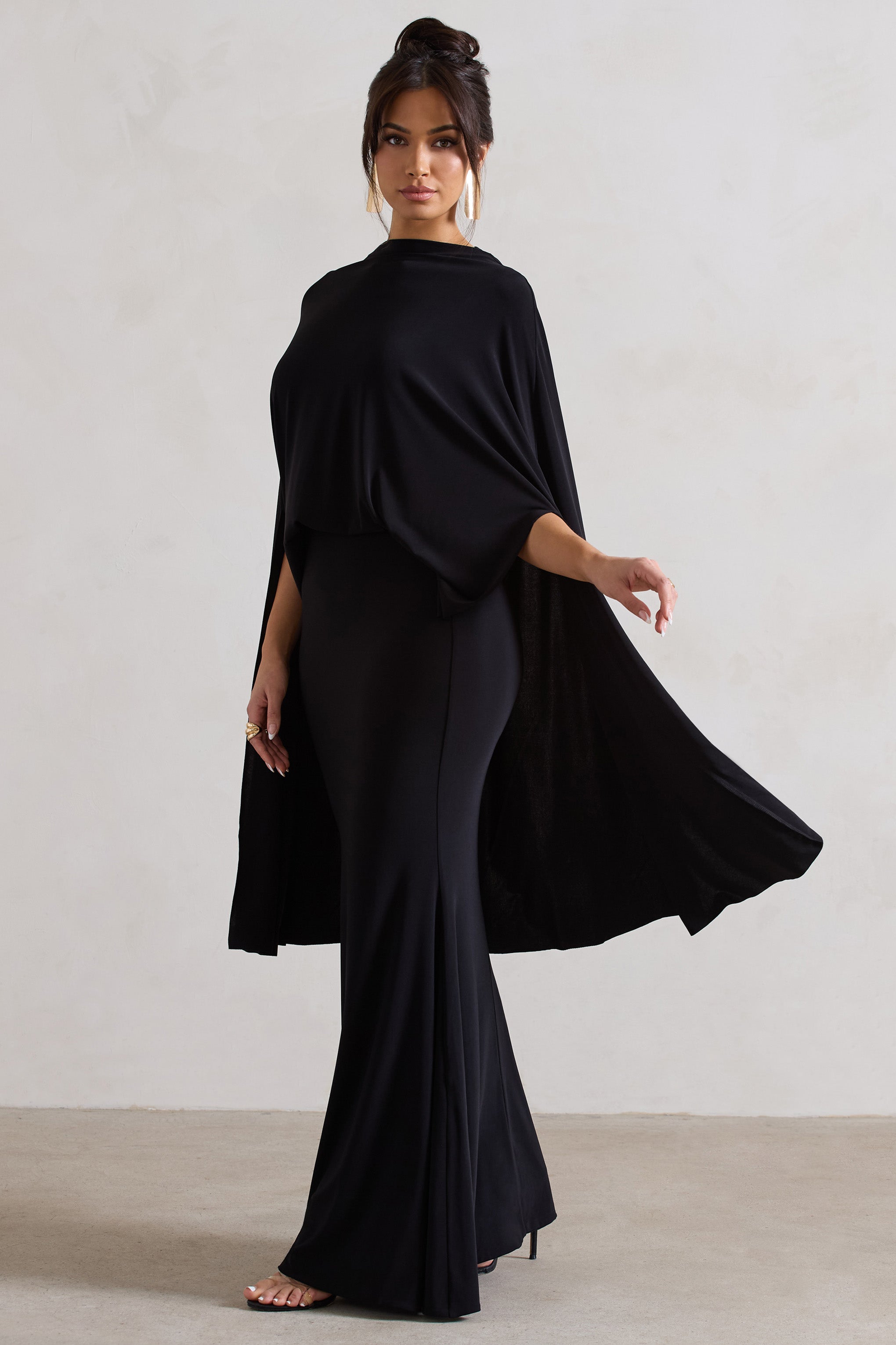 Charmaine | Black High-Neck Maxi Dress With Cape