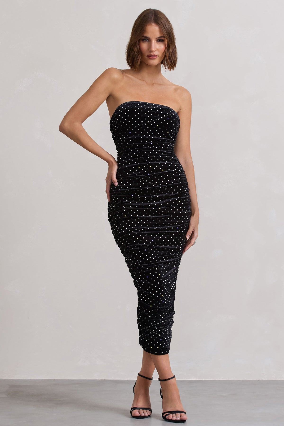 In A Daze | Black Bodycon Embellished Strapless Midi Dress