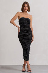 In A Daze | Black Bodycon Embellished Strapless Midi Dress