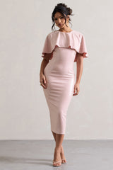 Amelie | Pastel Pink Sequin Midi Dress With Cape
