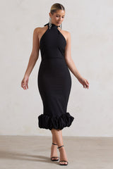 Ashton | Black High-Neck Midi Dress With Ruffle Hem