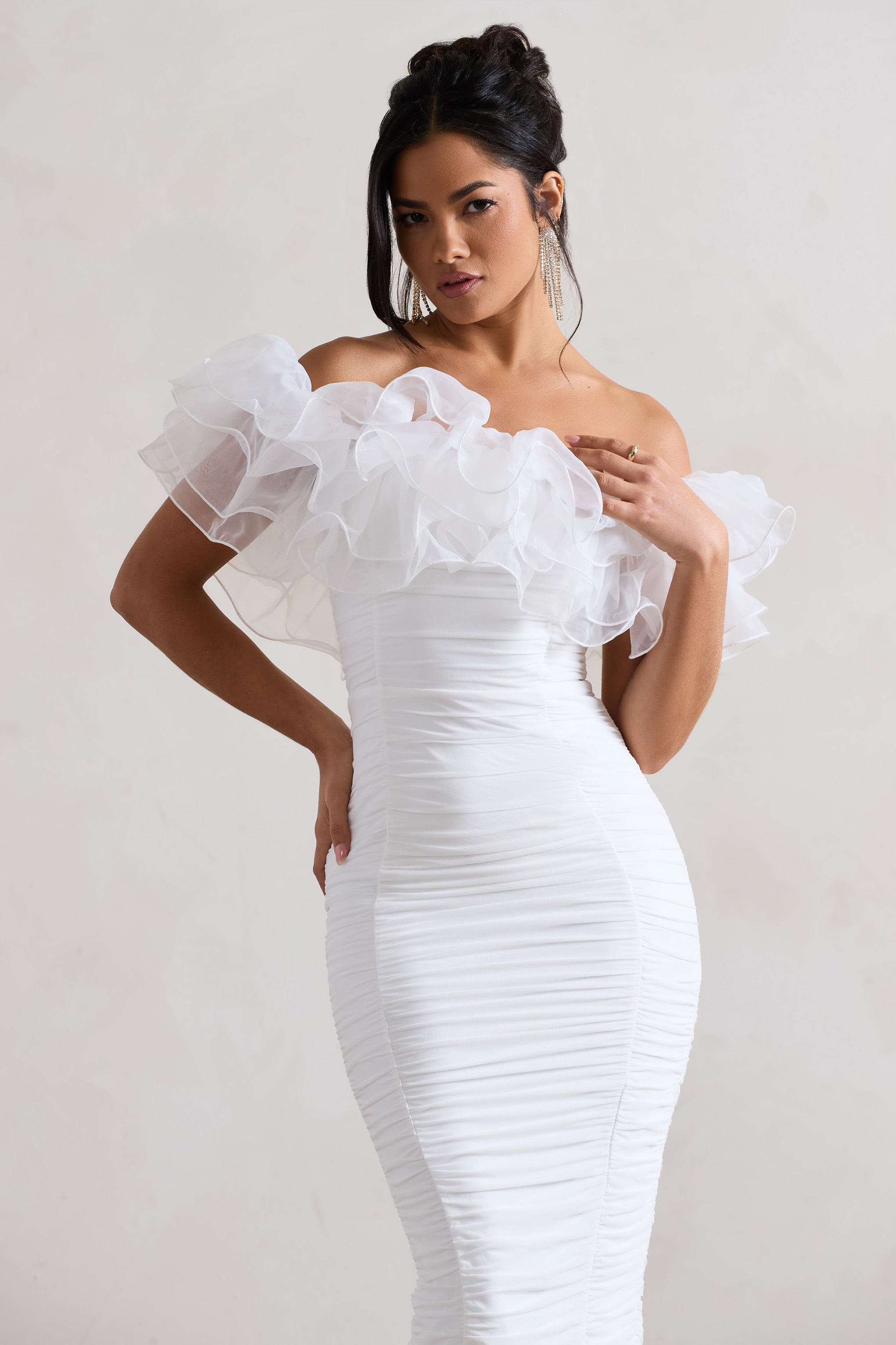 Ladylike | White Ruched Bardot Midi Dress With Organza Trim