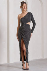 Reflection | Black Embellished One Sleeve Cut-Out Split Maxi Dress