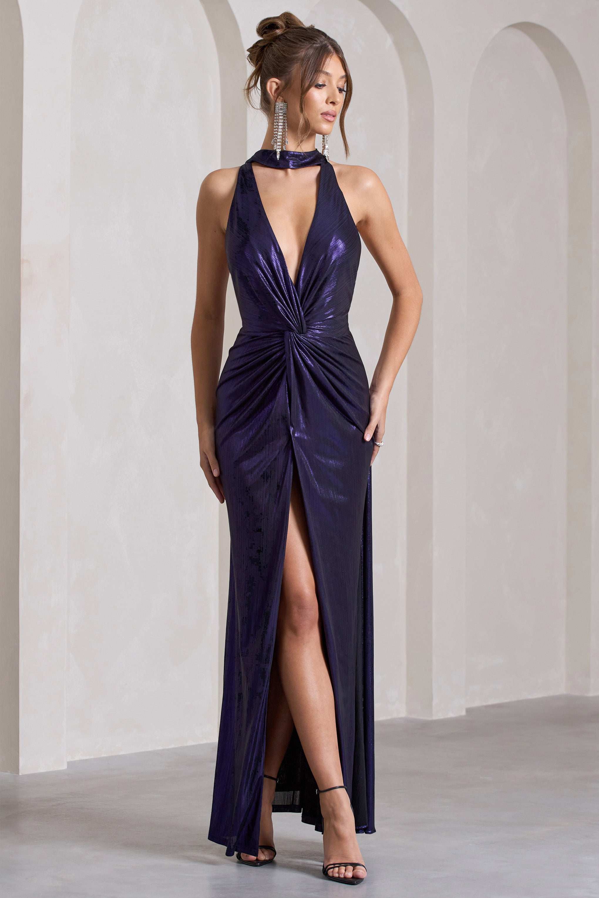 Lost | Purple Metallic Halter-Neck Cut-Out Split Maxi Dress With Drape