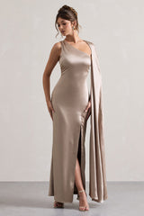Gala | Taupe Satin One-Shoulder Cape Sleeve Split Maxi Dress