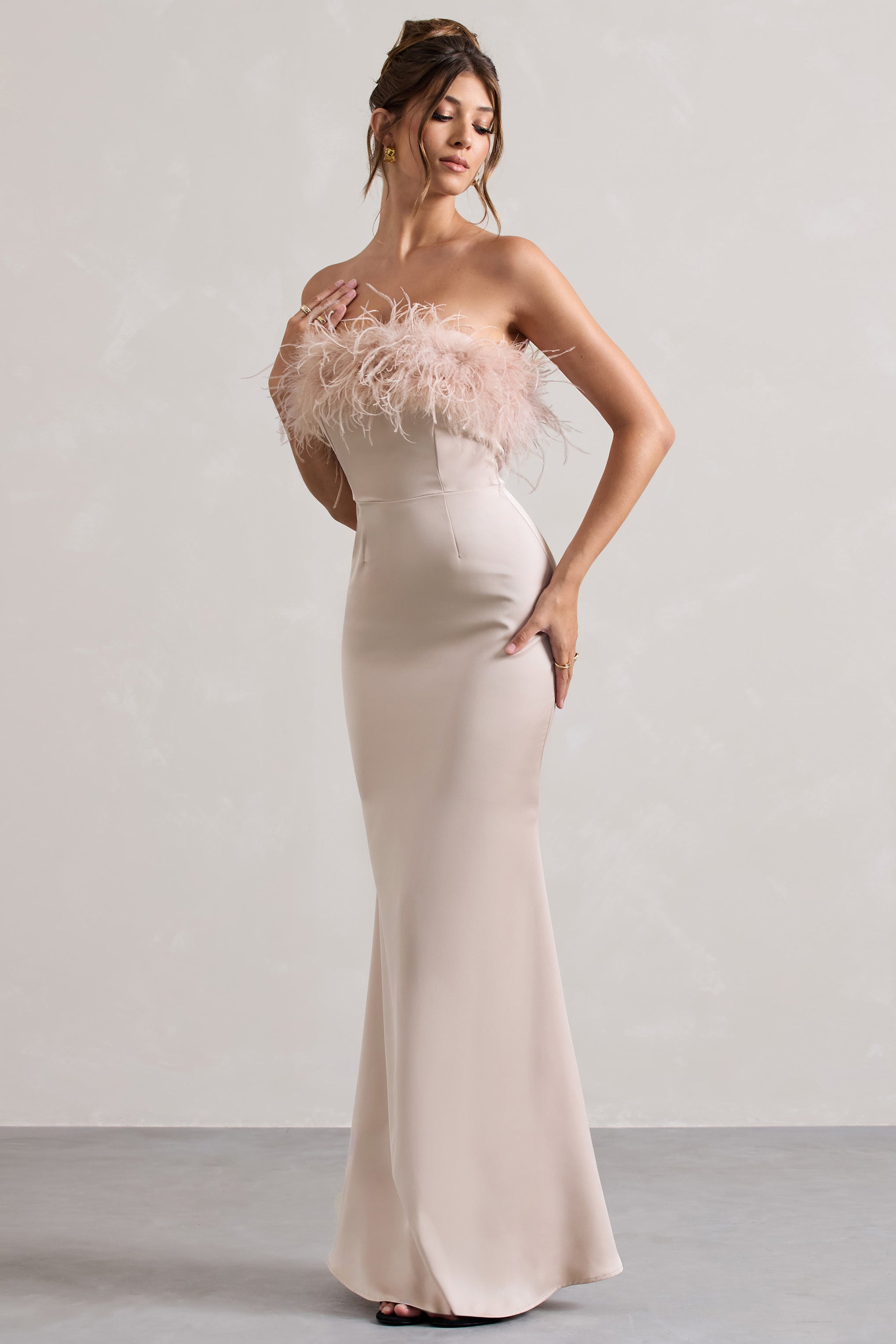 Dress For It | Champagne Satin Feather Trim Bandeau Maxi Dress