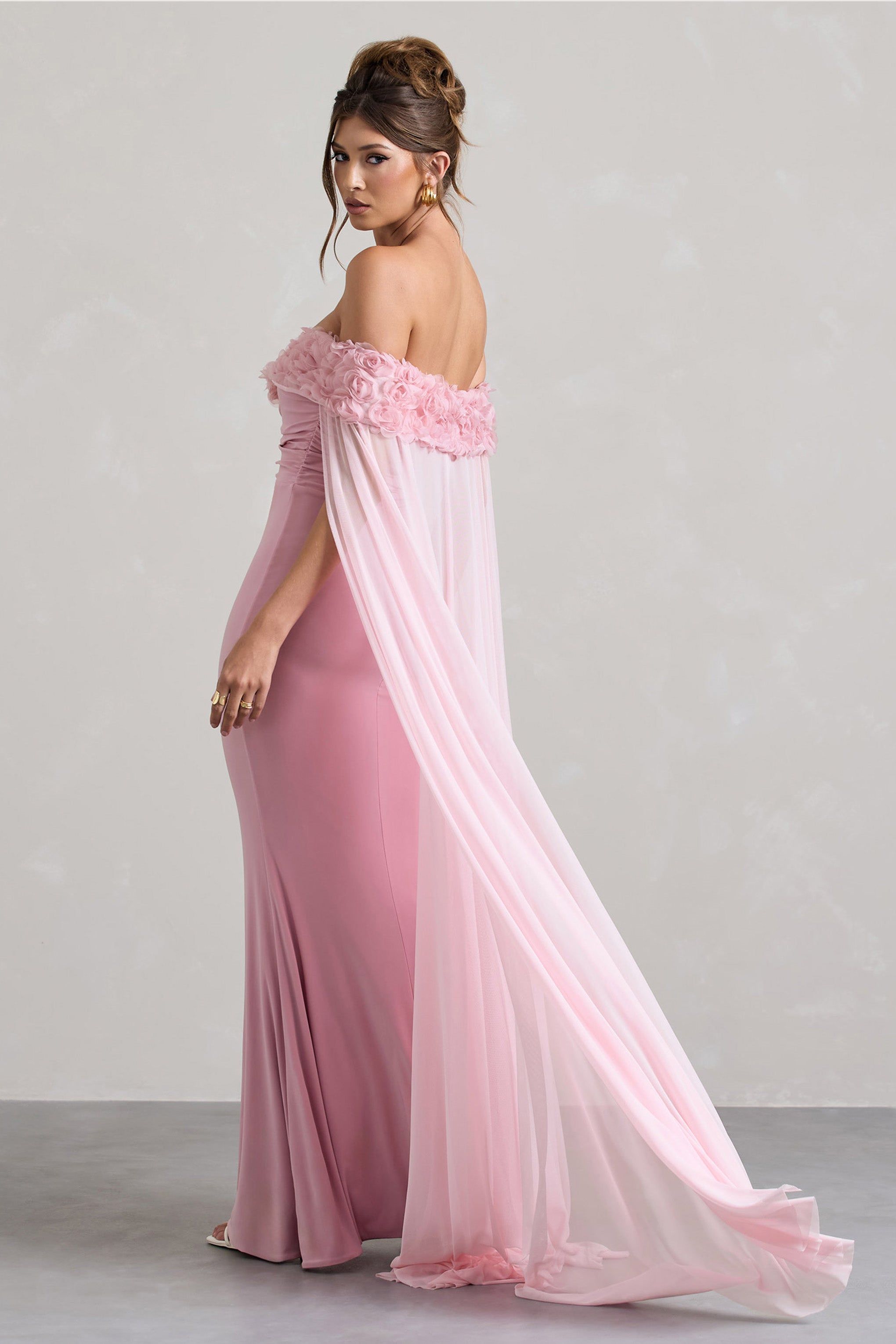 Avant Garde | Blush Pink Floral Bardot Fishtail Maxi Dress With Mesh Cape
