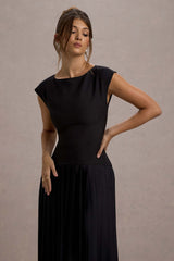 Arna | Black Boat-Neck Pleated Maxi Dress