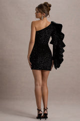 Nikko | Black Sequin Ruffle-Sleeve Mini Dress