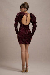 Shine Bright | Berry Sequin Mini Dress With Puff Sleeves