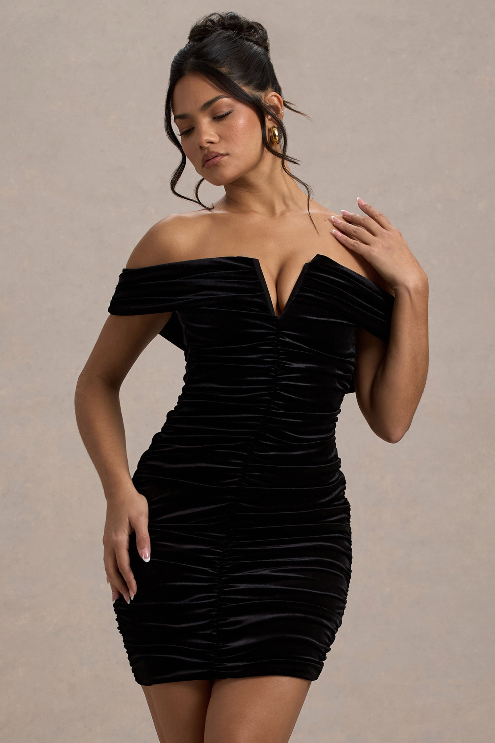 Little Glint | Black Velvet Ruched Bardot V-Neck Mini Dress