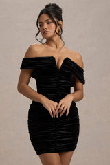 Little Glint | Black Velvet Ruched Bardot V-Neck Mini Dress