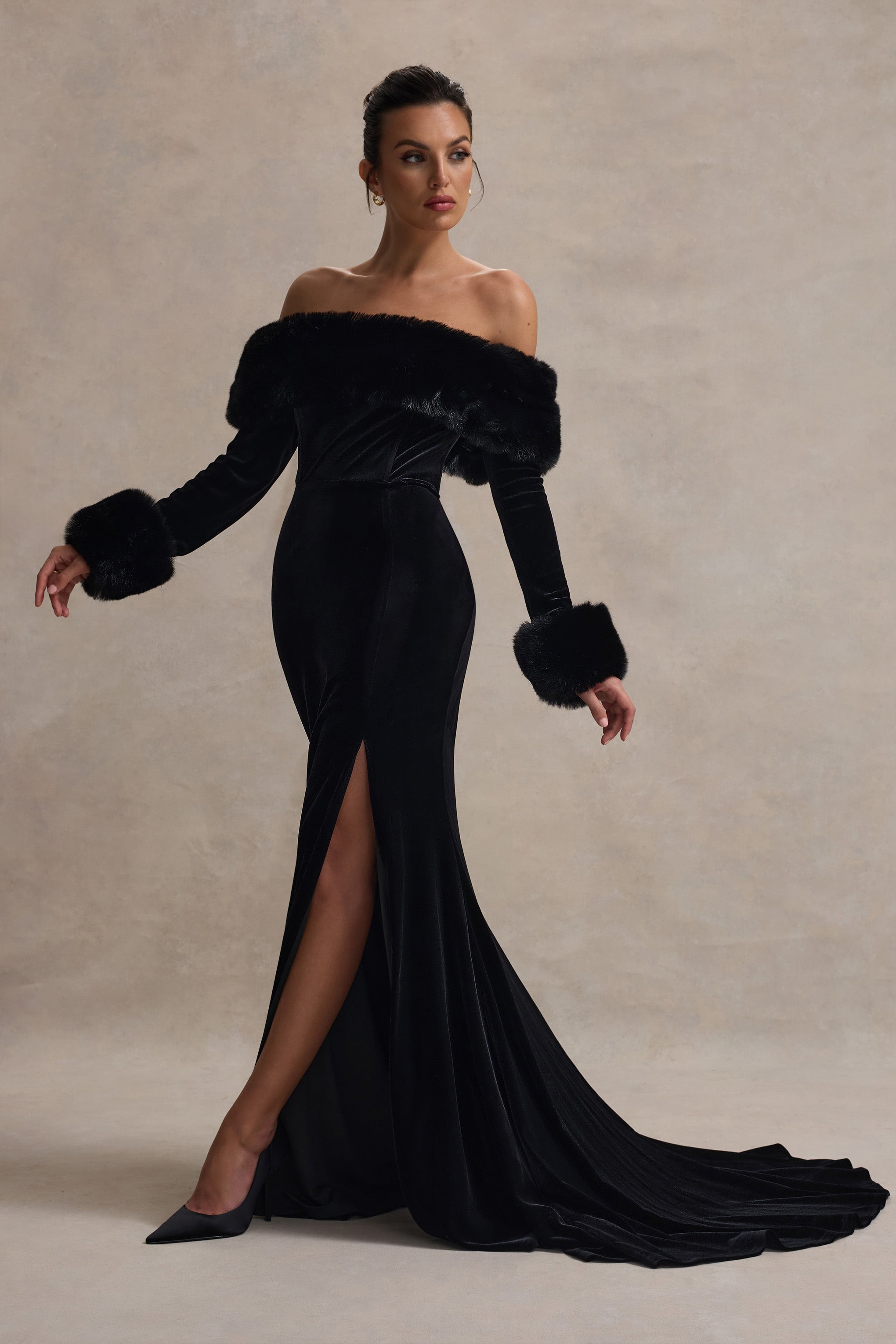 Mystique | Black Bardot Split Maxi Dress With Fur Trims