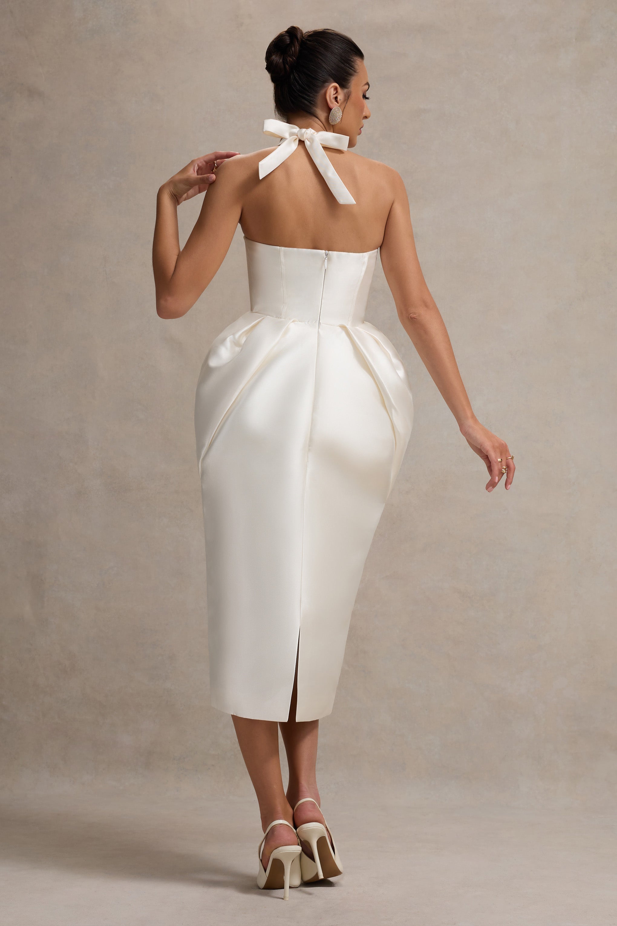 Cosetta | White Halter-Neck Midi Dress With Tulip Skirt