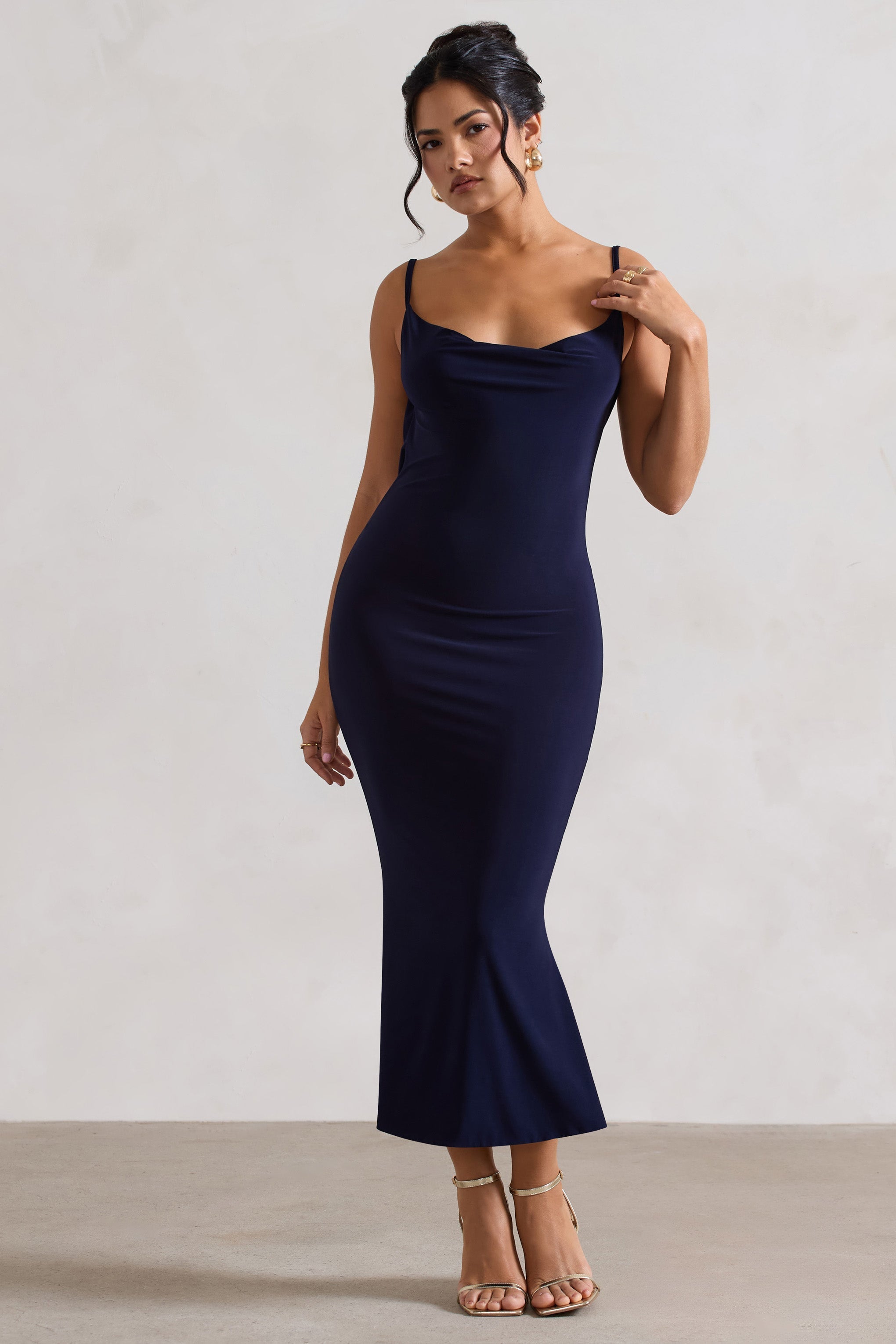 Addison | Navy Cowl-Neck Open-Back Midi Dress With Lace