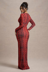 Mamba | Red Snake Print Plunge-Neck Long-Sleeve Maxi Dress
