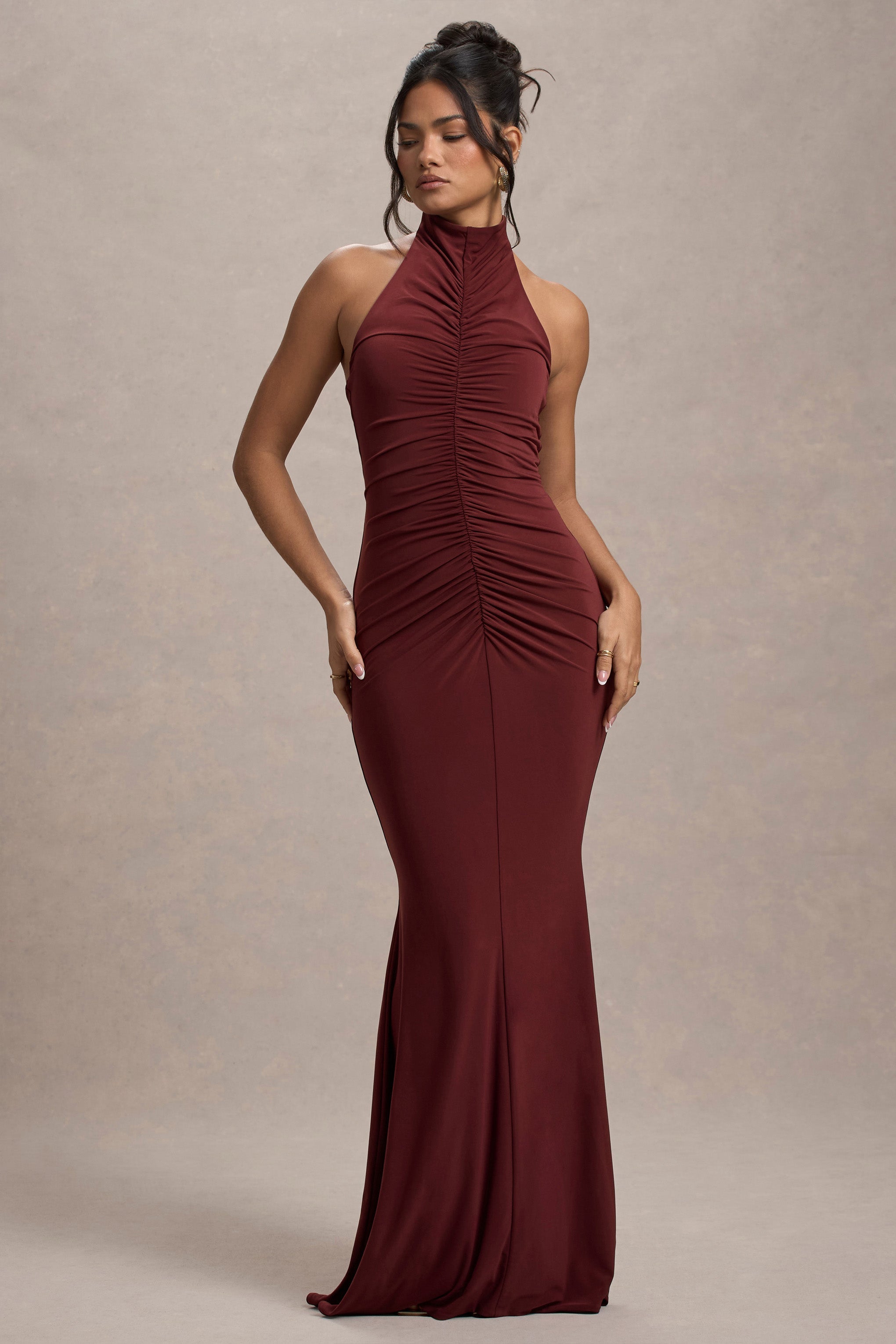 Arietta | Port High-Neck Ruched Fishtail Maxi Dress