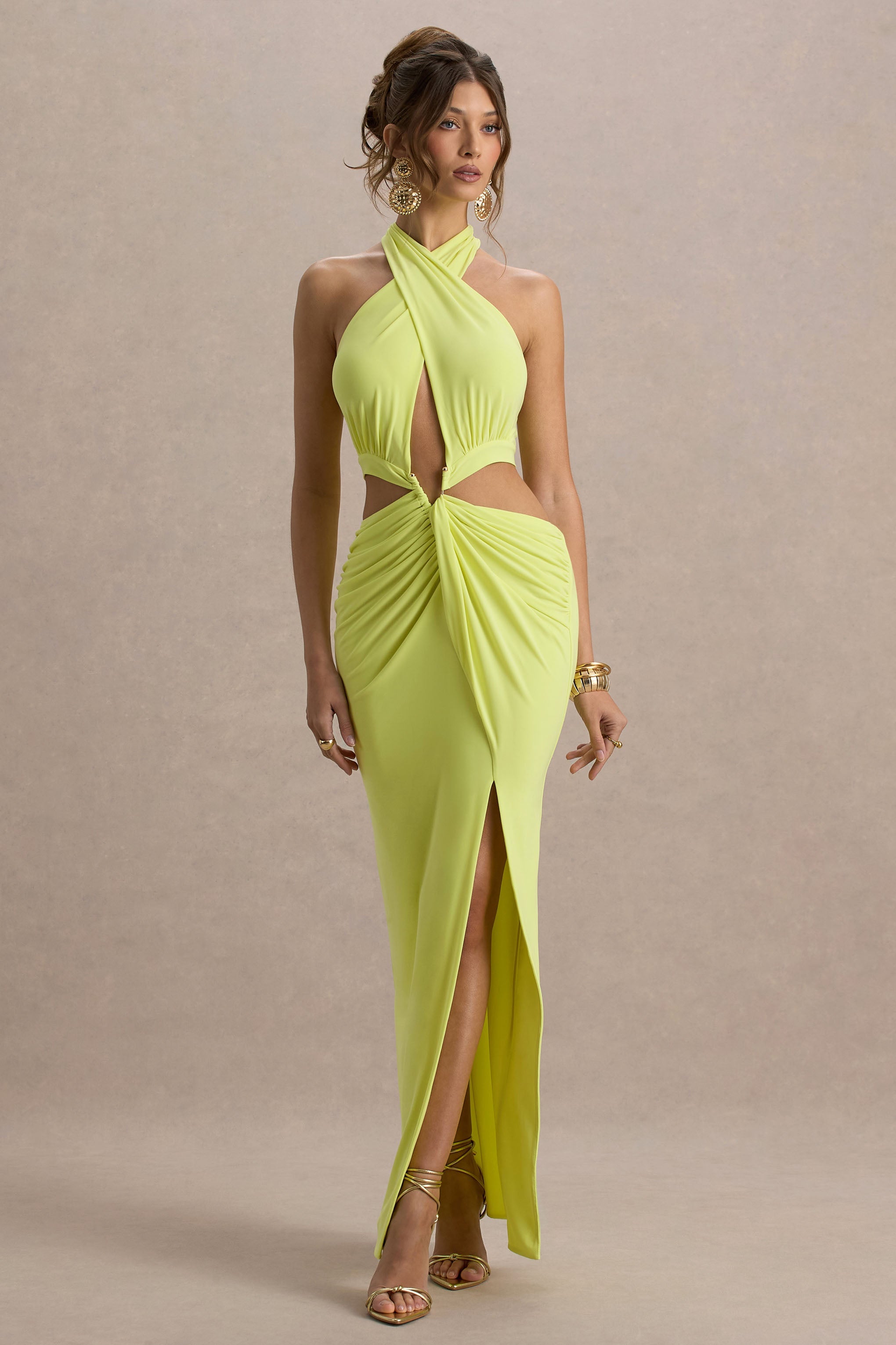 Aura | Lime Green Halter-Neck Cut-Out Split Maxi Dress