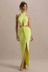 Aura | Lime Green Halter-Neck Cut-Out Split Maxi Dress