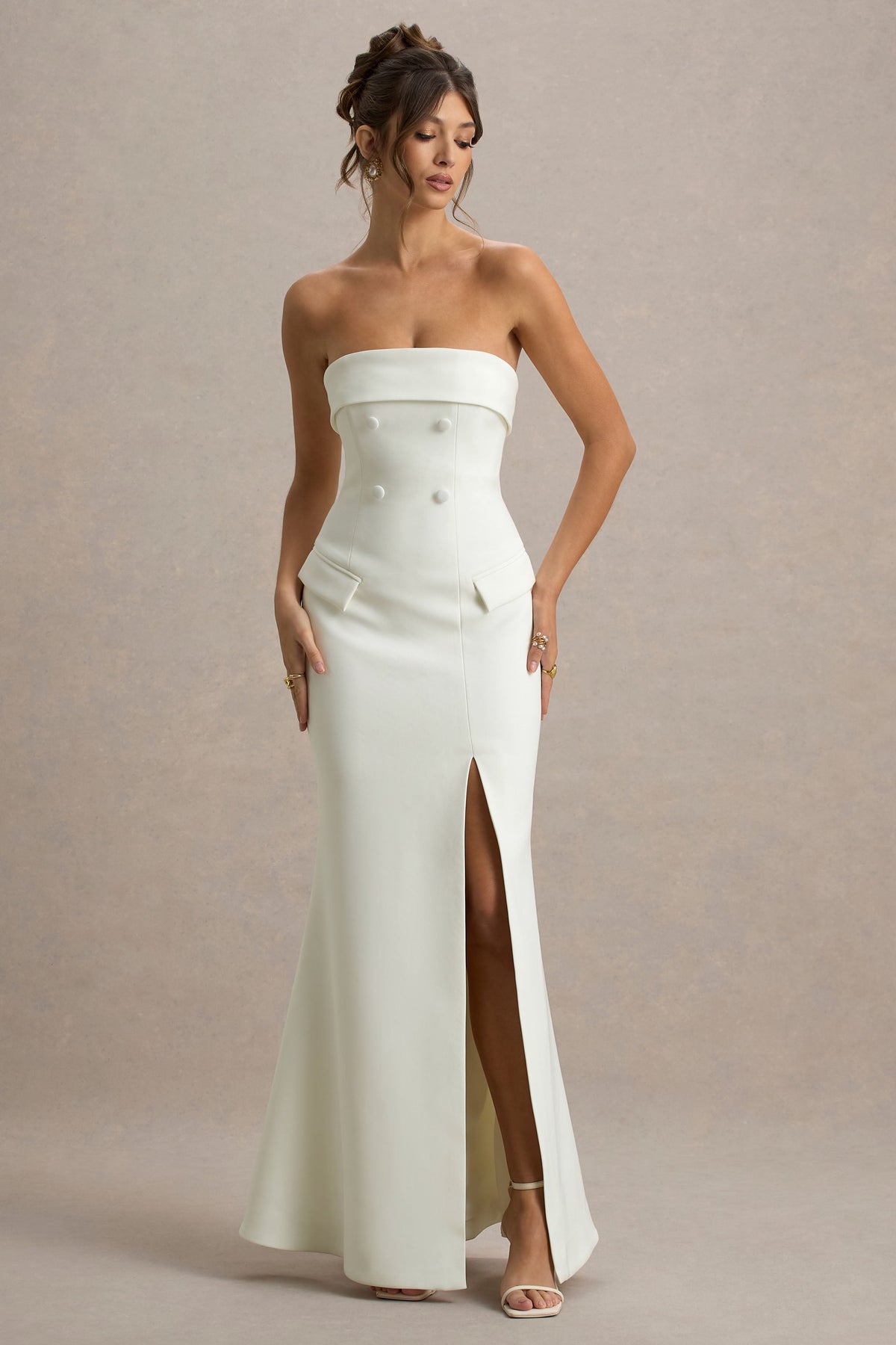 Lucia | Cream Bandeau Tailored Maxi Dress With Split