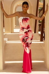 Ceremony | Large Pink Floral Print Bandeau Fishtail Maxi Dress