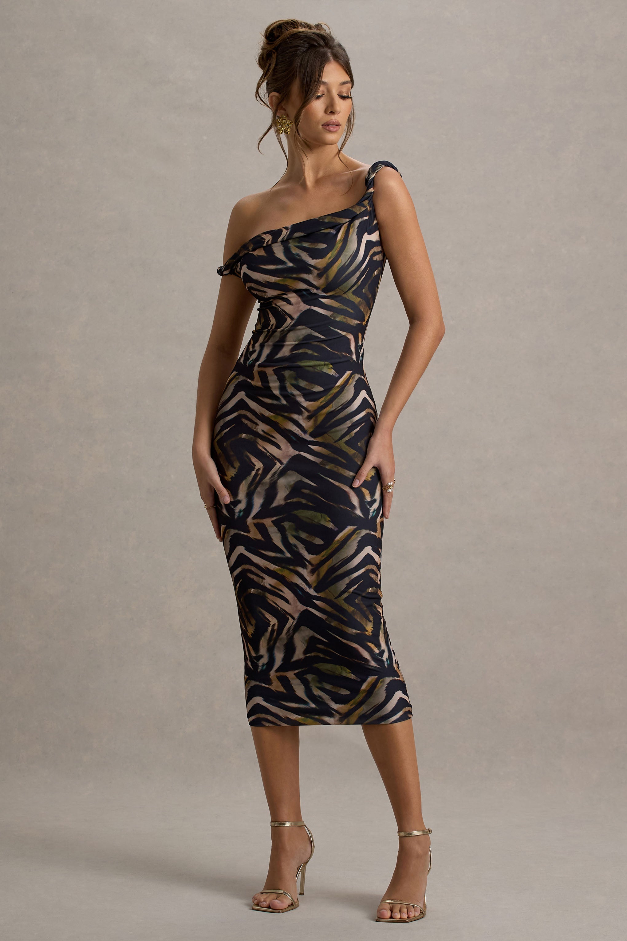 Nora | Zebra Print Twisted Asymmetric Midi Dress
