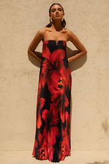 Bergamot | Black And Red Floral Print Satin Sweetheart Maxi Dress